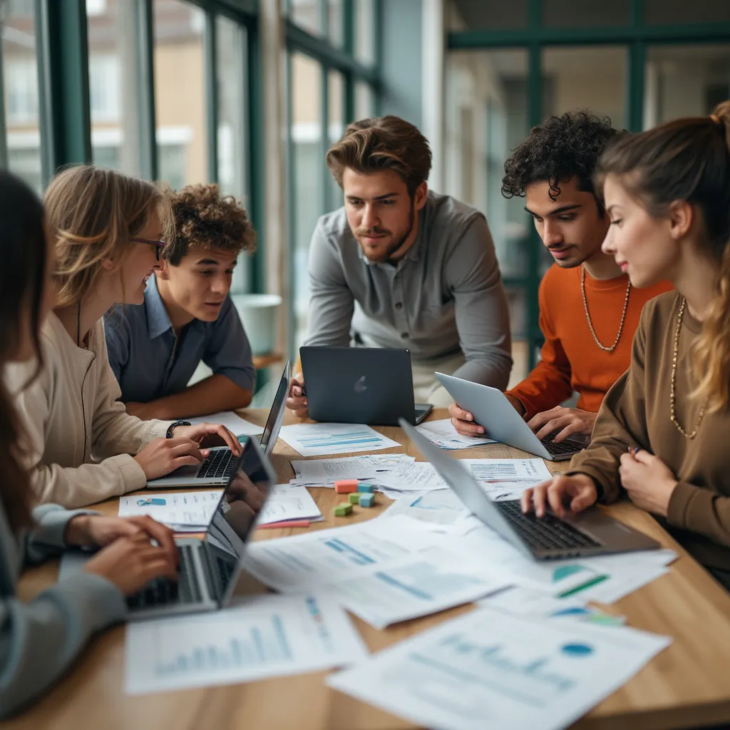Jóvenes colaborando en un proyecto de finanzas